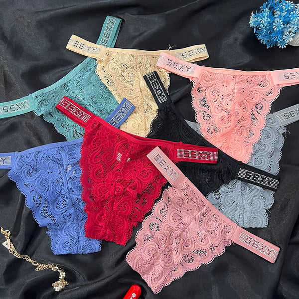 Glam Lace Rhinestone-Strap Thong - Sexy Panty For Aunty