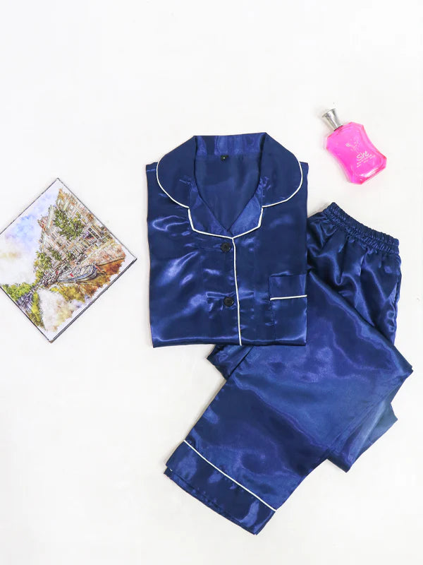 Women Silk Stuff Night Suit - Navy Blue