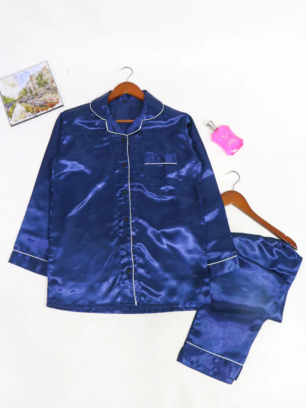 Women Silk Stuff Night Suit - Navy Blue