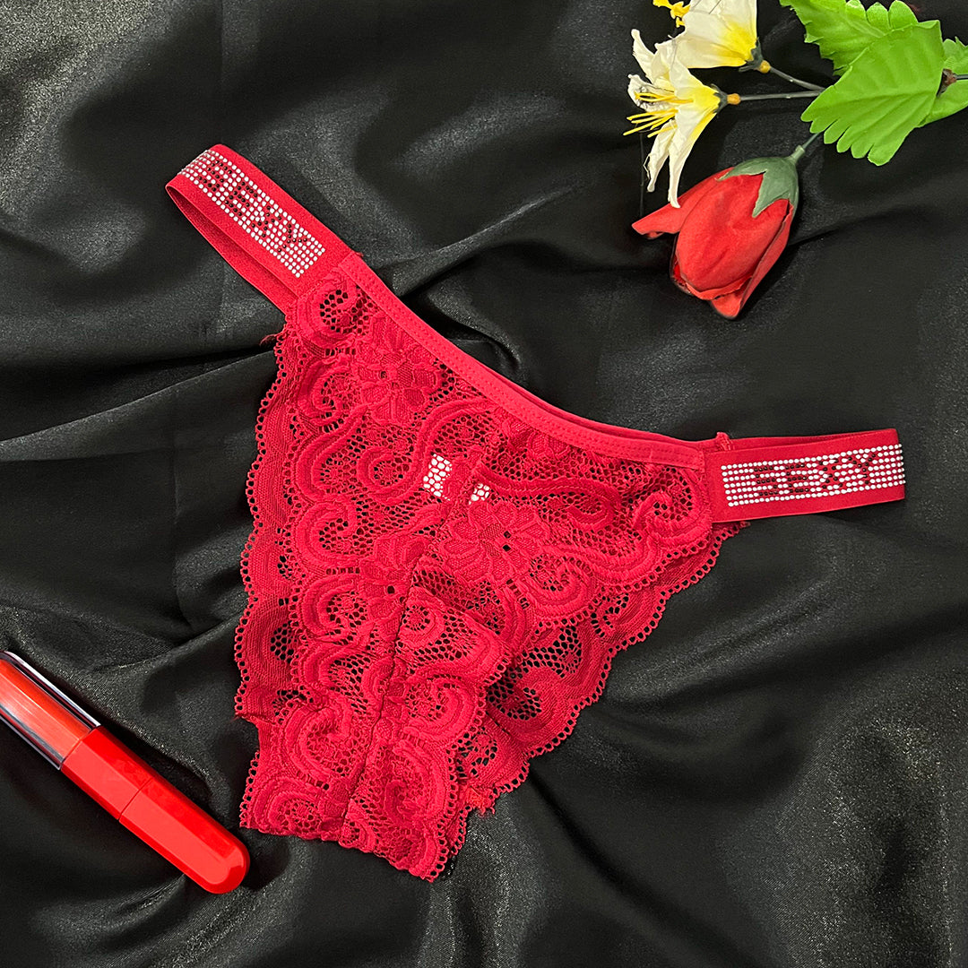 Glam Lace Rhinestone-Strap Thong - Sexy Panty For Aunty