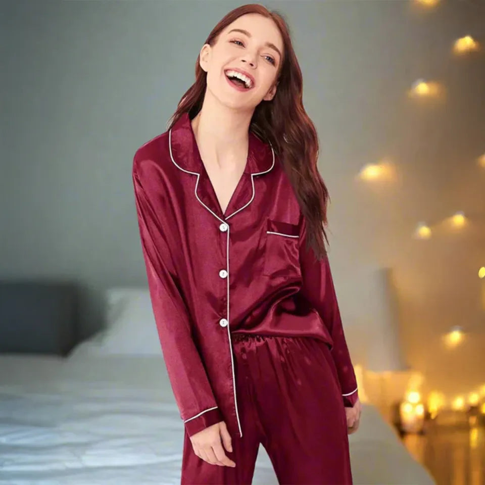 Women Silk Stuff Night Suit - Mehroon