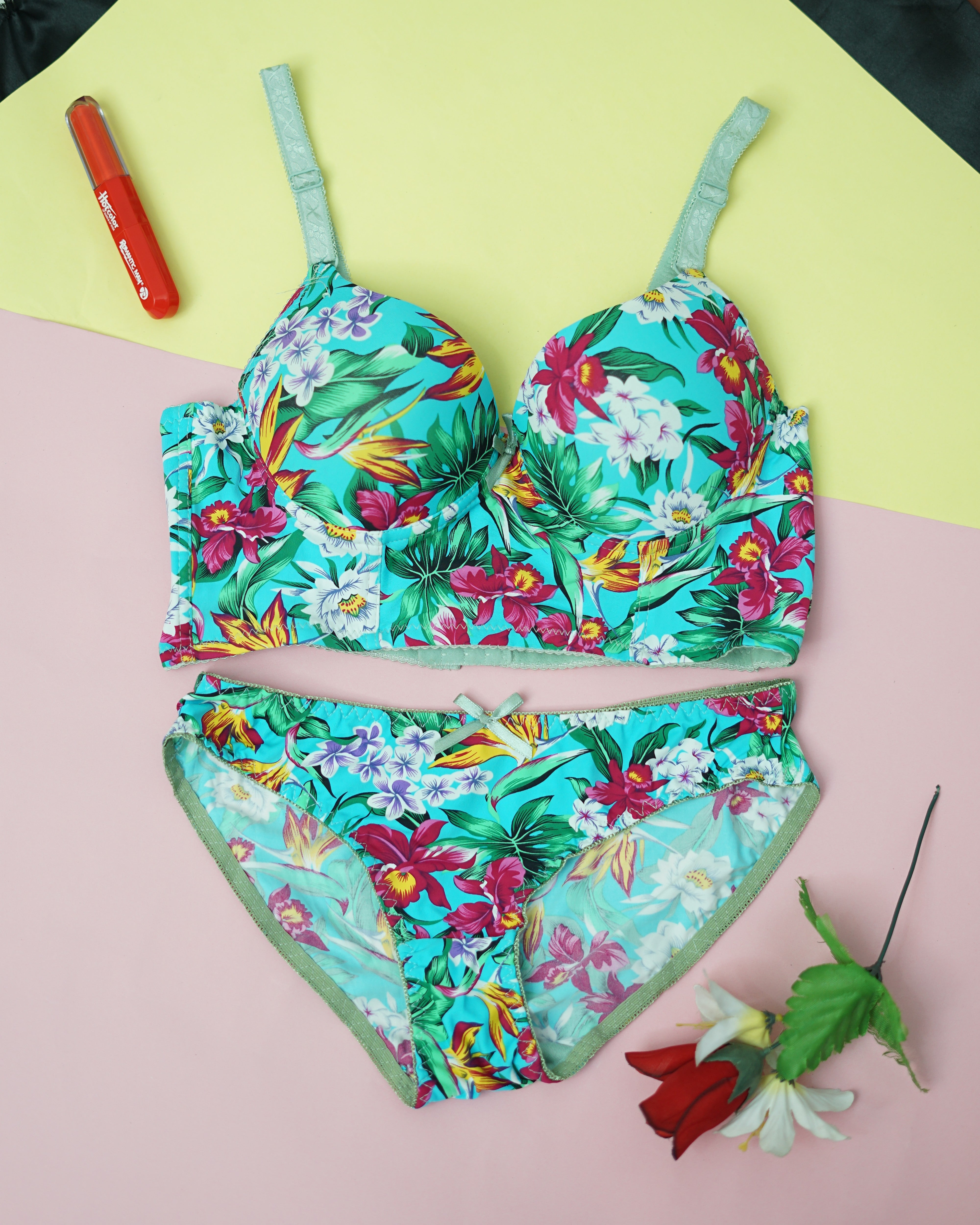 Deep cut padded wired full sides and back coverage push up bra panty set