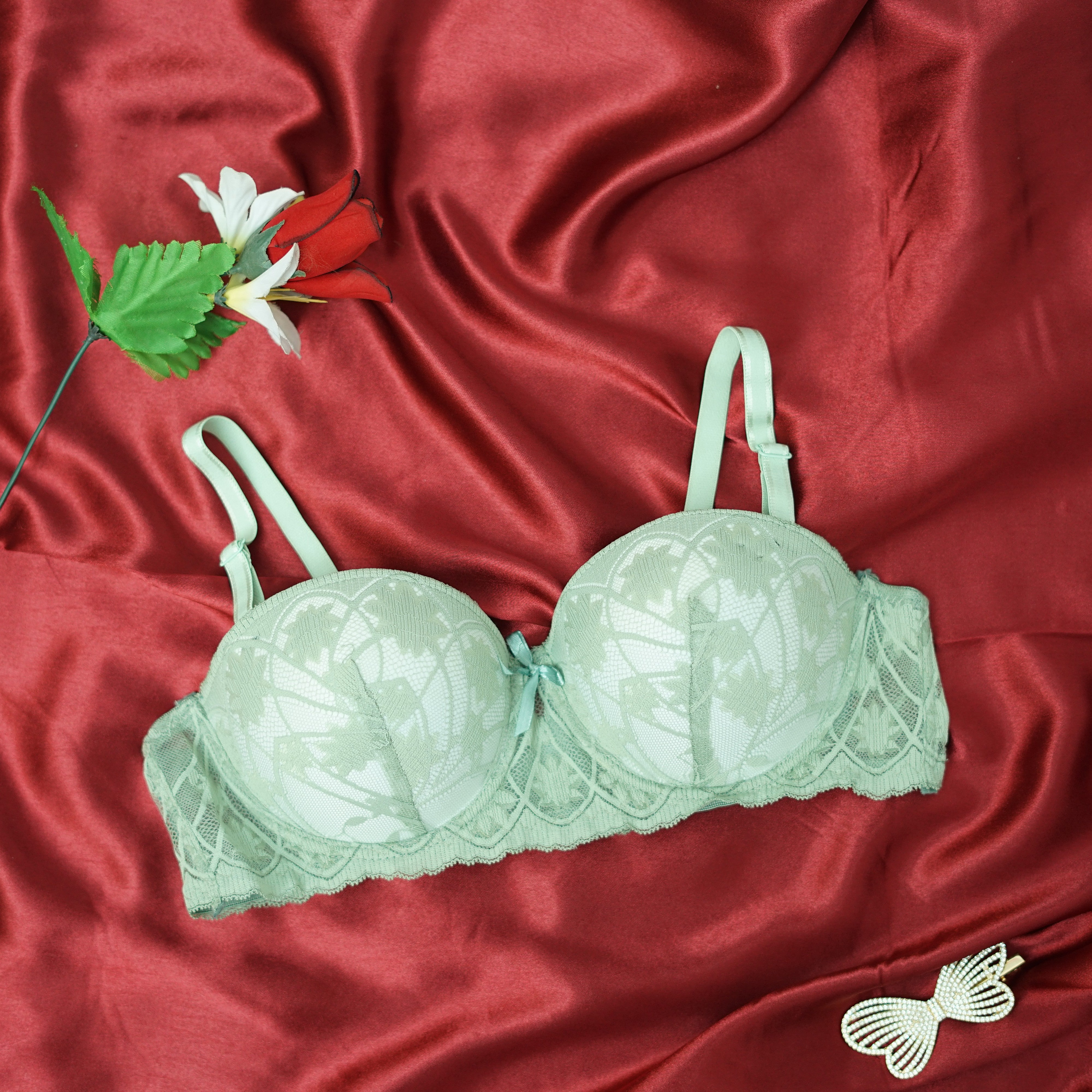 Lace Gathered Half Cup Bra Soft Adjustable Double Foam | Ladies Push-up Bra