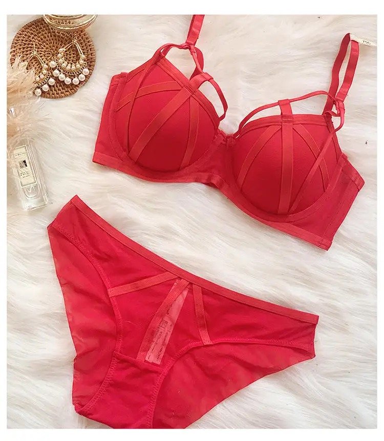 Stylish & Sexy Front Cross Strips Padded Wired Bra With Panty