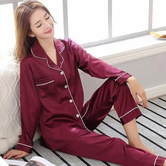 Women Silk Stuff Night Suit - Mehroon