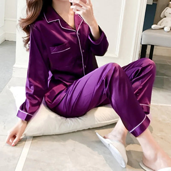Women Silk Stuff Night Suit - Purple